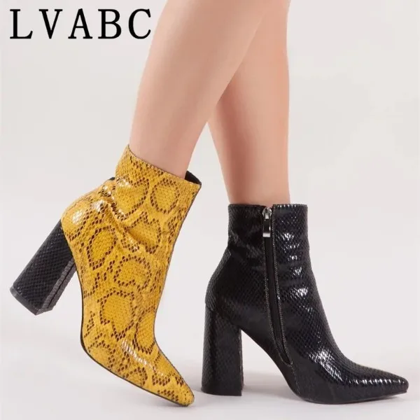 yellow Short plush Новинка; ботинки «Челси»; коллекция года; женские ботинки на молнии; ботильоны со змеиным принтом на квадратном каблуке; модная пикантная женская обувь с острым носком; yellow32-43 - Цвет: yellow Short plush
