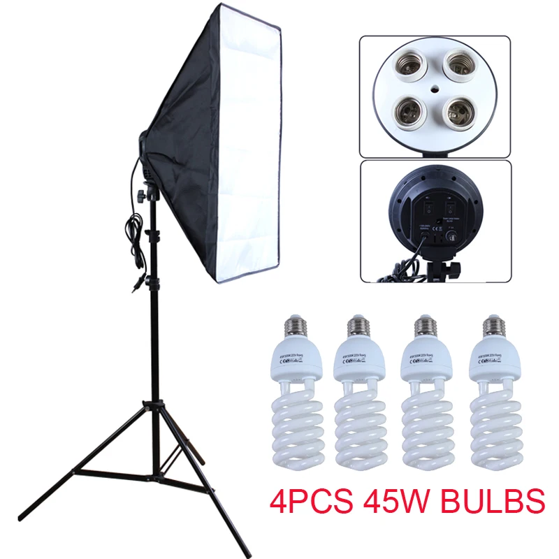 

Photo studio Softbox 50*70cm 100-240V Lighting Box E27 4-Lamp-Holder 4pcs 220V 45W Bulbs with 2m Light Stand photography Kit