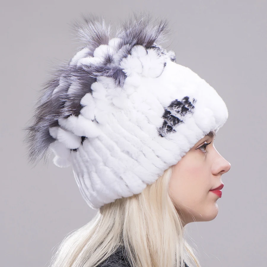 Fxfurs Winter Rex Rabbit Fur Hat With Silver Fox Flowers Top Knitted Beanies Fashion Women Causal Real Warm Cap | Аксессуары для
