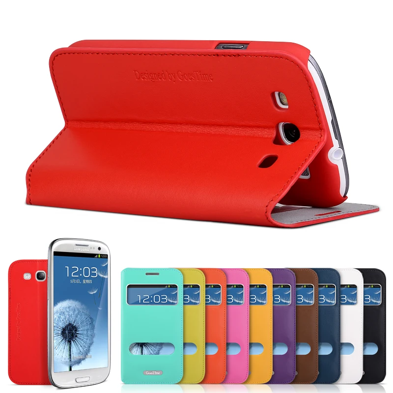 GOESTIME 100% Футляр Из Натуральной Кожи Для Samsung Galaxy S3 Случае открытое Окно Стенд Флип