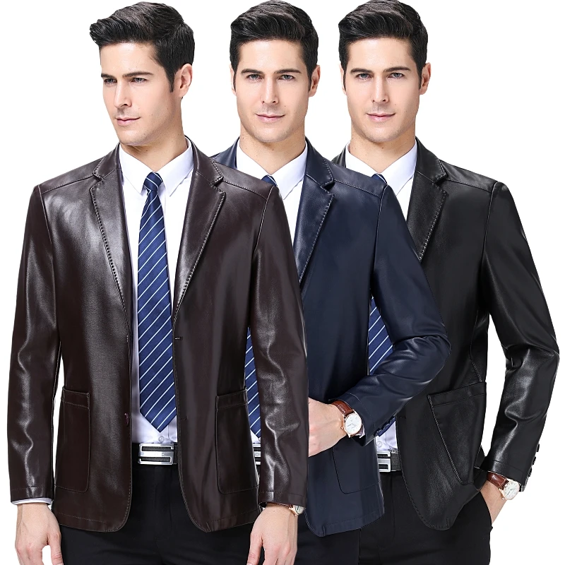 

Top Quality Retro Mens Leather Business Blazers Man Single Breasted Trench Coat Jacket 2019 new Parkas Male Size 3XL