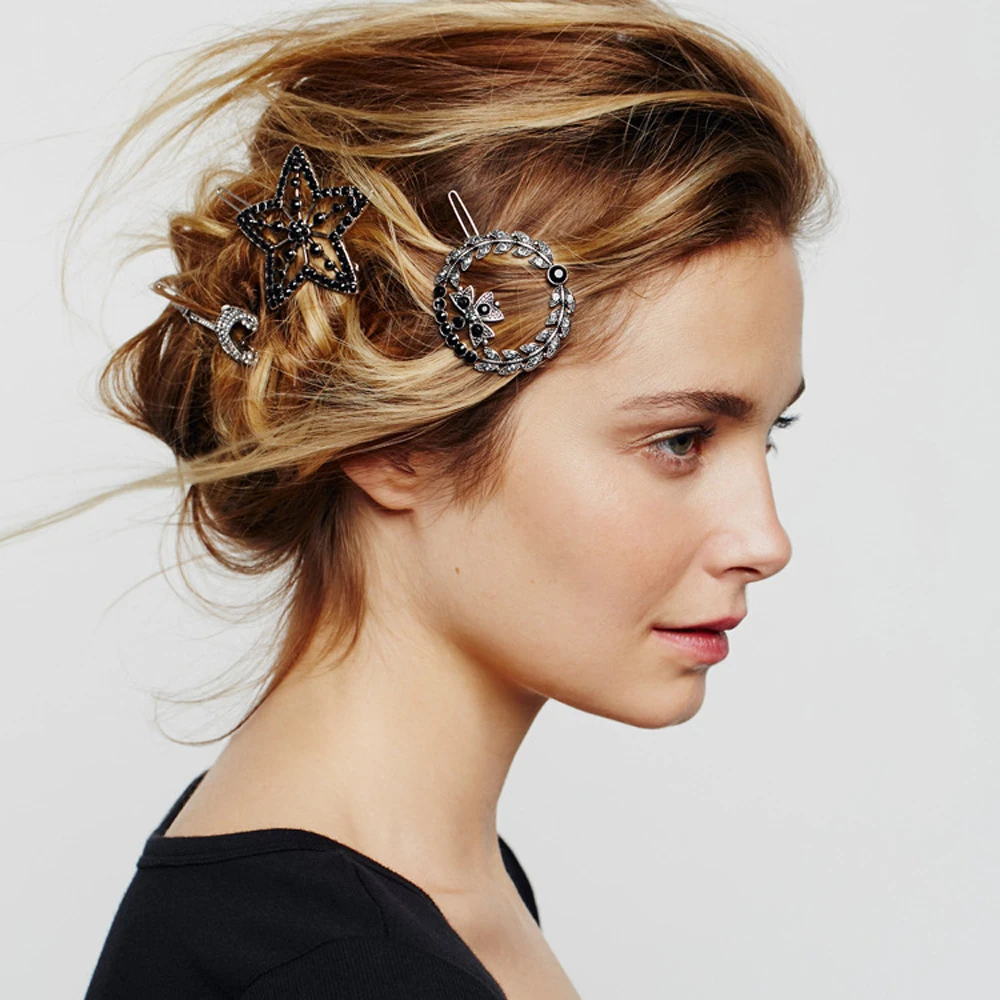 Винтаж аксессуары для волос старинное серебро Цвет с черные бусины звезды
