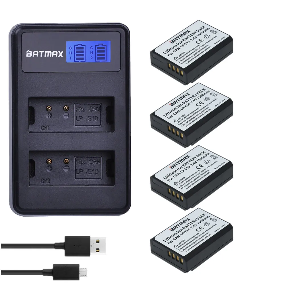 Купи Аккумулятор для фотоаппарата Batmax 4pcs LP-E10 LP E10 + зарядное устройство USB с ЖК-дисплеем для камеры Canon EOS 1100D 1200D Kiss X50 X70 Rebel T3 T5 за 1,501 рублей в магазине AliExpress