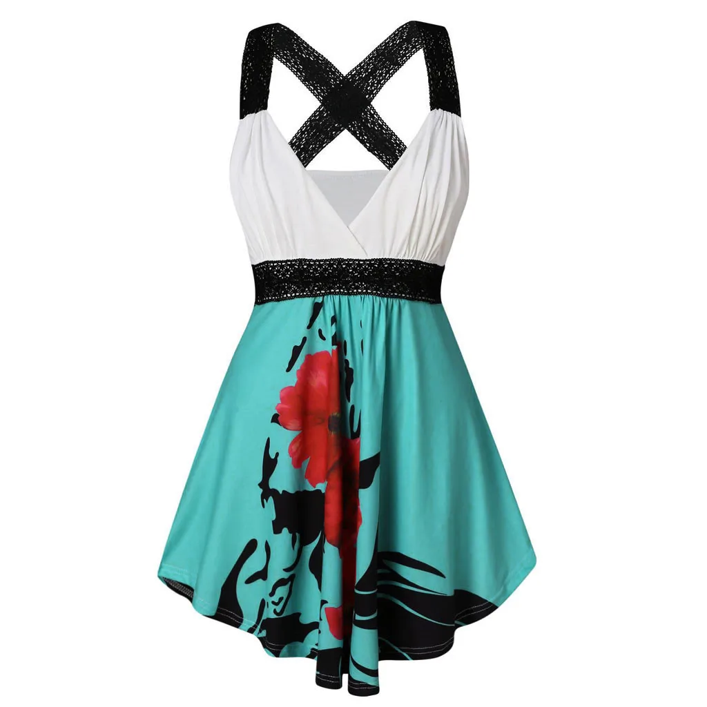 Летняя модная повседневная Кружевная туника на бретелях с цветочным принтом