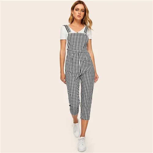 Black and White Dotfashion черно-белый комбинезон в мелкую клетку с карманами по бокам для женщин весна лето консервативный комбинезон без рукавов на бретелях - Цвет: Black and White