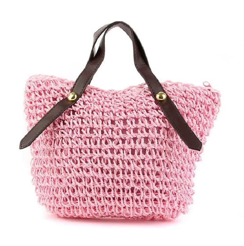 Женская вязаная маленькая сумка из ротанга и травы летняя пляжная с прорезями