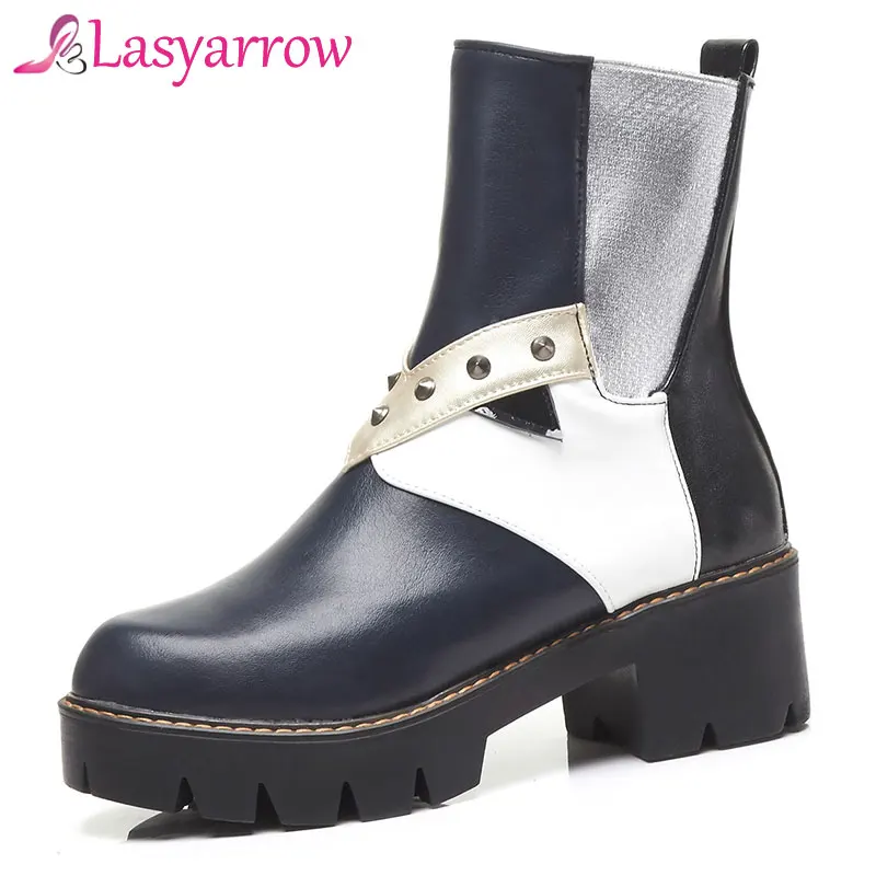 

Lasyarrow 2018 Fashion Martin Boots Women Casual Leather heels Boots Round Toe Platform rivets Studs Women Elastic Ankle Boot