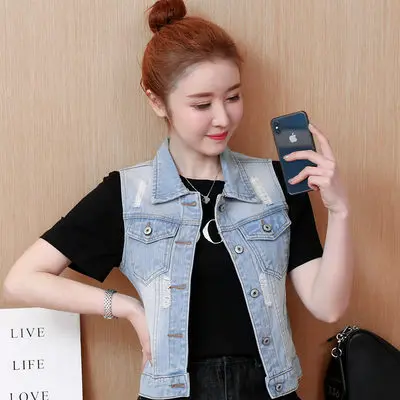 9866 Light Blue Плюс размер 4XL 5XL Новинка Весна Лето короткий джинсовый жилет Женский Повседневный тонкий без рукавов с дырками джинсовые куртки пальто женский жилет - Цвет: 9866 Light Blue