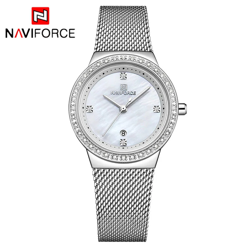 Silver White Бренд NAVIFORCE, роскошные часы для женщин, модная одежда, кварцевые наручные часы, женские водонепроницаемые часы из нержавеющей стали, Relogio Feminino - Цвет: Silver White