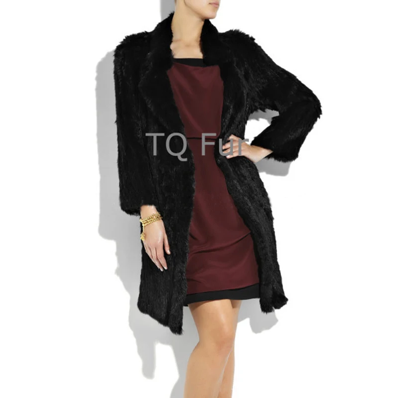 

Real Long Rabbit Fur Overcoat Knitted Chick Rabbit Fur Jacktet Turn-down IrregularCollar Full Sleeves Coat Top Quality