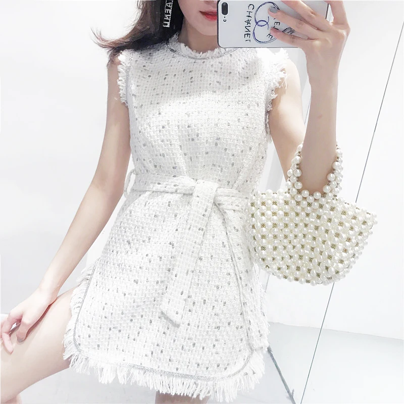 ALPHALMODA осеннее твидовое платье без рукавов с Боковым Разрезом и кисточками