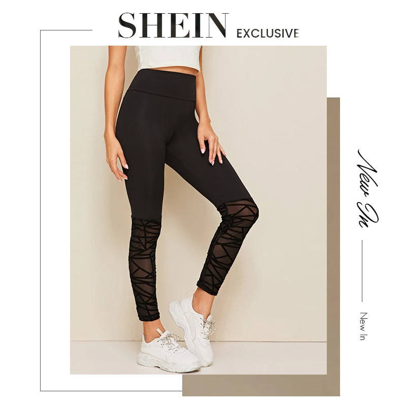 SHEIN модные обтягивающие леггинсы с сетчатым подолом, черные эластичные женские леггинсы для тренировок, повседневные леггинсы с контрастной сеткой