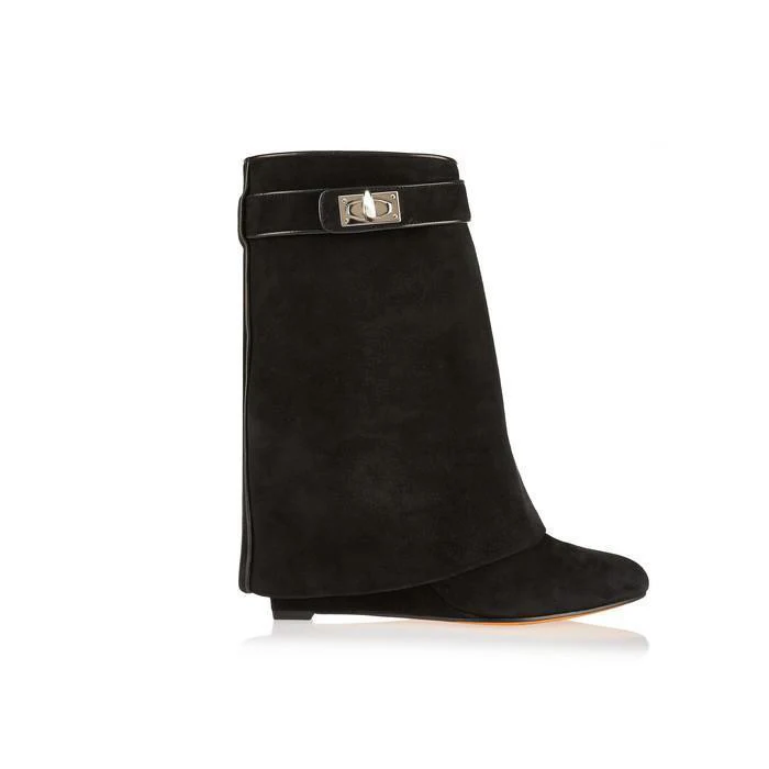 black suede JAWAKYE/женские ботинки с металлическим замком «Акула»; дизайнерская роскошная кожаная зимняя обувь до середины икры; женские ботинки на танкетке, увеличивающие рост - Цвет: black suede