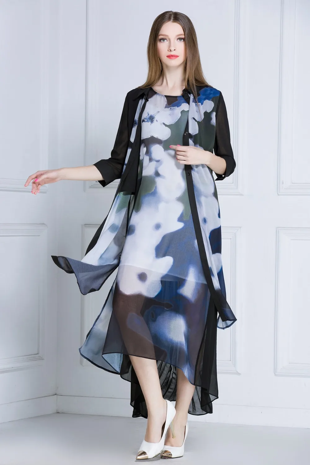 Fasicat 2015 High Quality Summer Style Chiffon Women Dress Ink Painting Print Vestidos Button Placket Loose Voile L153028 | Женская