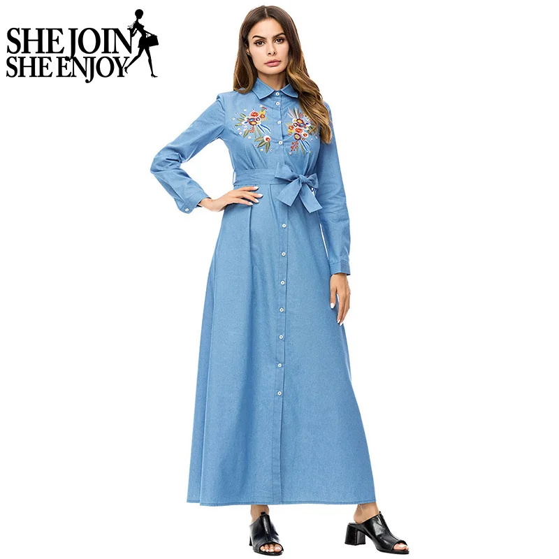ShejoinSheenjoy отложной воротник вышивка мусульманин Абаи синего джинсового цвета Для
