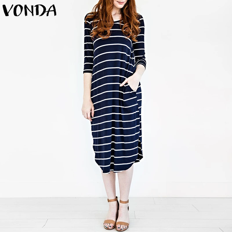 Blue VONDA, женское платье в полоску, весна-осень, повседневное, свободное, рукав 3/4, о-образный вырез, карманы, асимметричное, Сплит, до середины икры размера плюс, Vestidos - Цвет: Blue