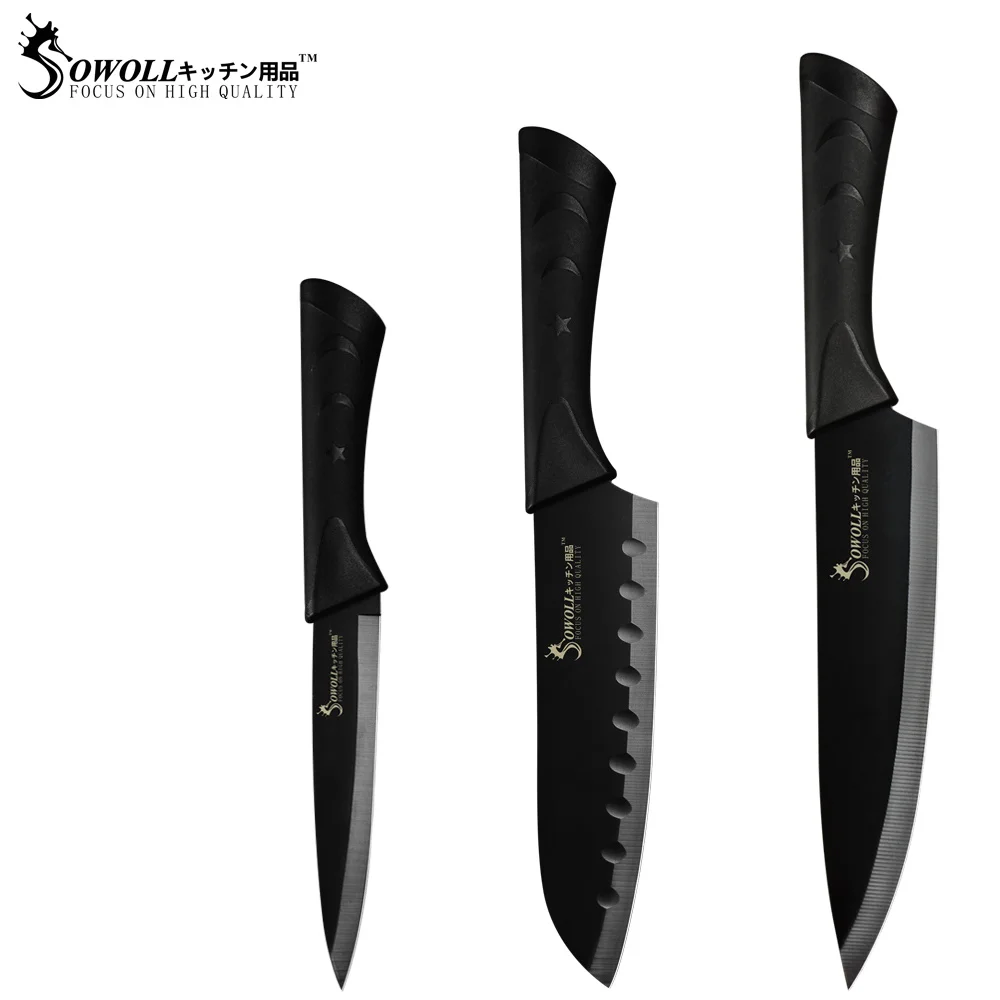 D.3PCS SET Кухонные ножи Sowoll из нержавеющей стали, набор из 6 предметов, острое Черное Лезвие ABS+ ручка TPR, нож для мяса, рыбы, фруктов, аксессуары для приготовления пищи - Цвет: D.3PCS SET