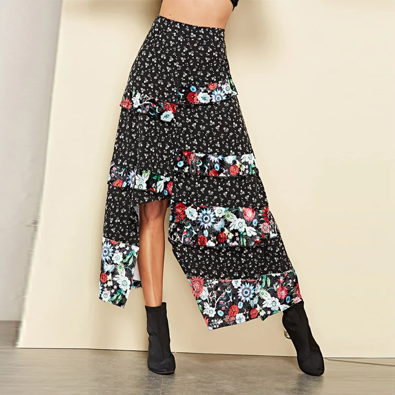 Женская длинная юбка с оборками элегантная винтажная миди цветочным принтом