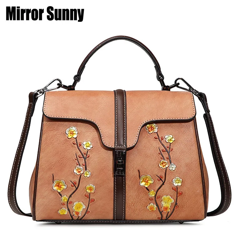 

Женская сумка из натуральной кожи, с тиснением в виде цветка сливы, с клапаном и ручкой сверху