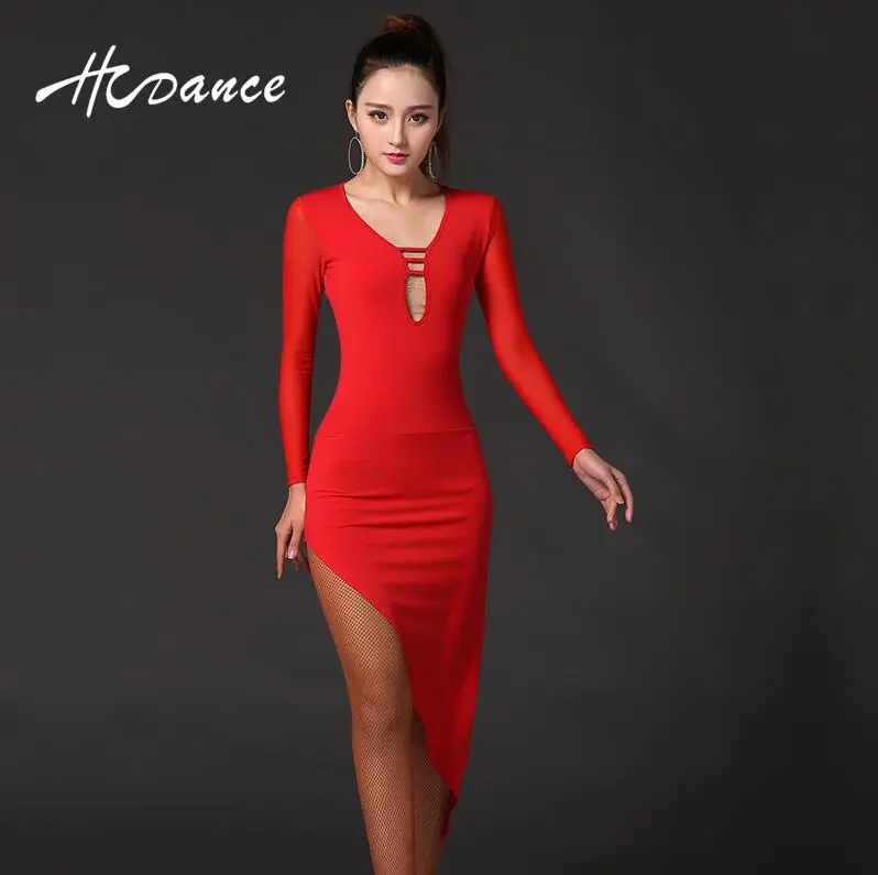 HCDance новые костюмы для латинских танцев, Для женщин шелковая черного цвета с длинными рукавами под наклоном с баской костюм для латиноамериканских танцев бальный Flamengo конкуренции A327 - Цвет: red