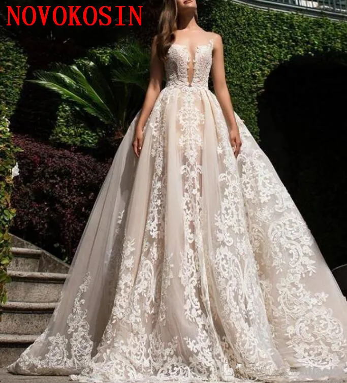 

Plus Size Elegant 2019 Wedding Dresses Sheer Neck Lace Applique Wedding Dress Bridal Gowns vestido de novia robe de marlee