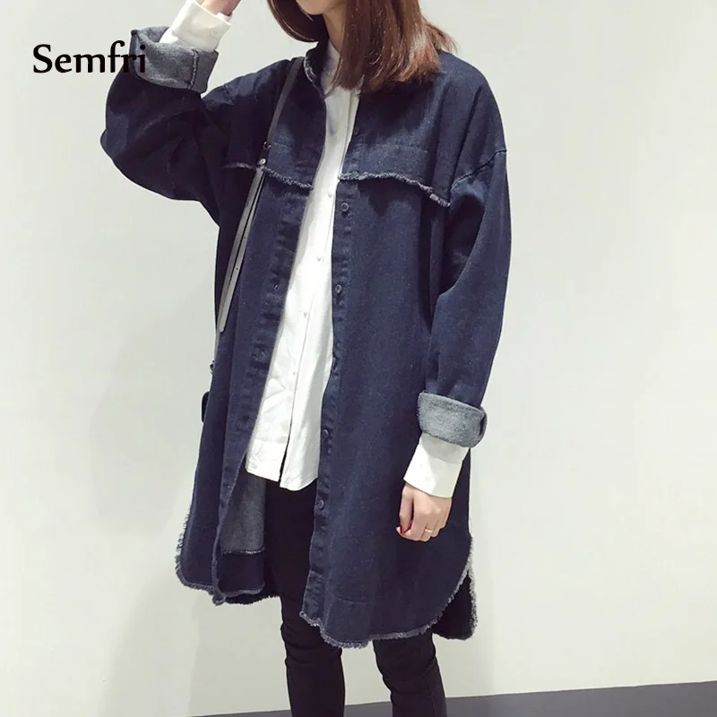 Semfri длинная джинсовая куртка для женщин винтажное свободное джинсовое пальто с