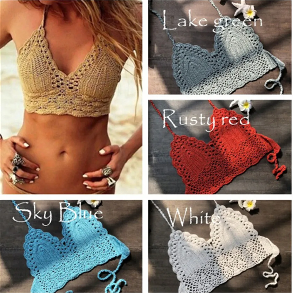 Women Bralette Halter Neck Crop Tops Knit Crochet Cami Summer Bikini Beach Top | Женская одежда