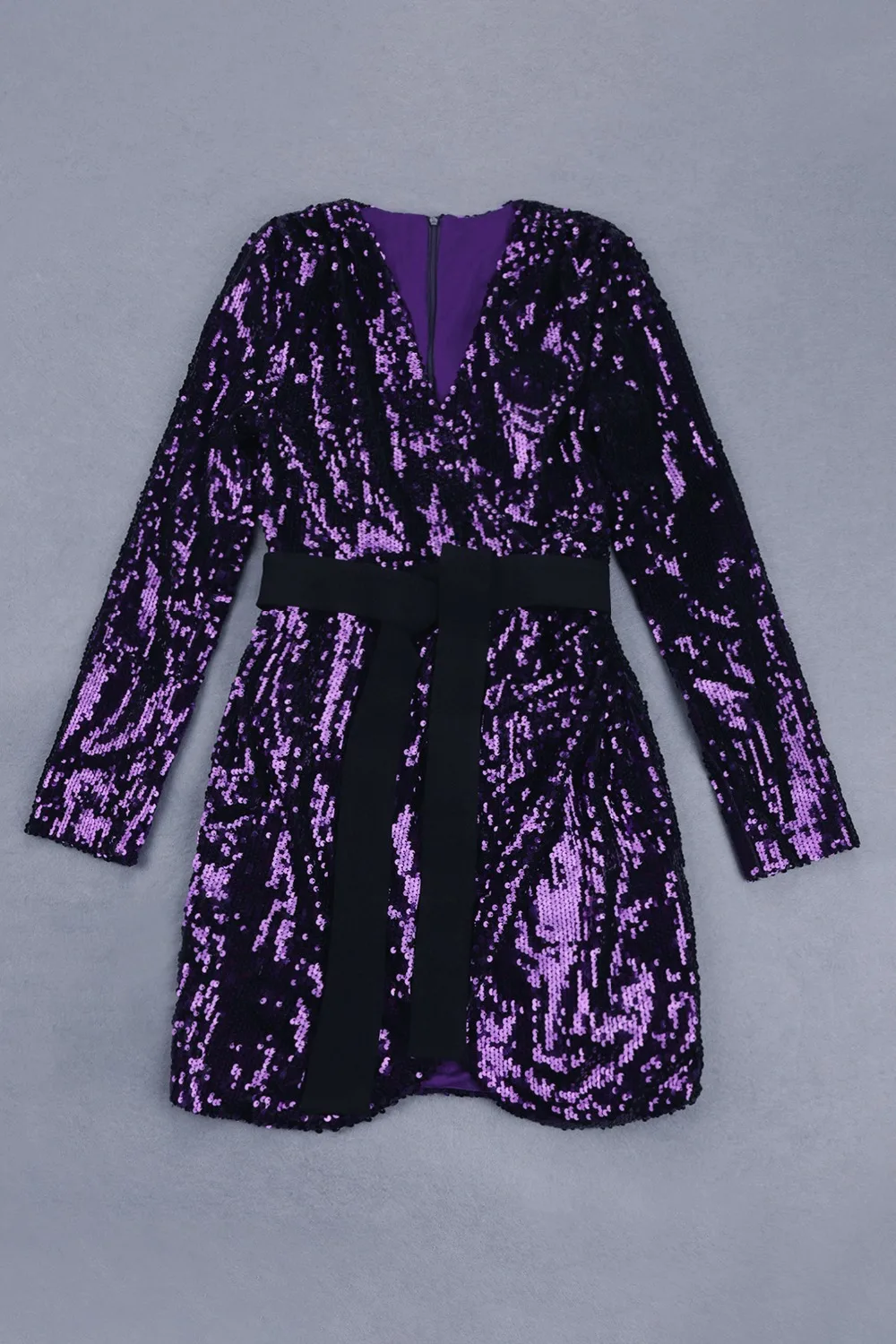 Elegant Women V Neck Sexy Sequin Dress Fashion Sashes Purple Solid Mini Clubwear Party Night Out Vestidos Autumn Festa