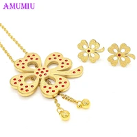 amumiu leaf plant gold woman jewelry sets pendant necklace and earrings set red crystal for wedding sets party sweet js024