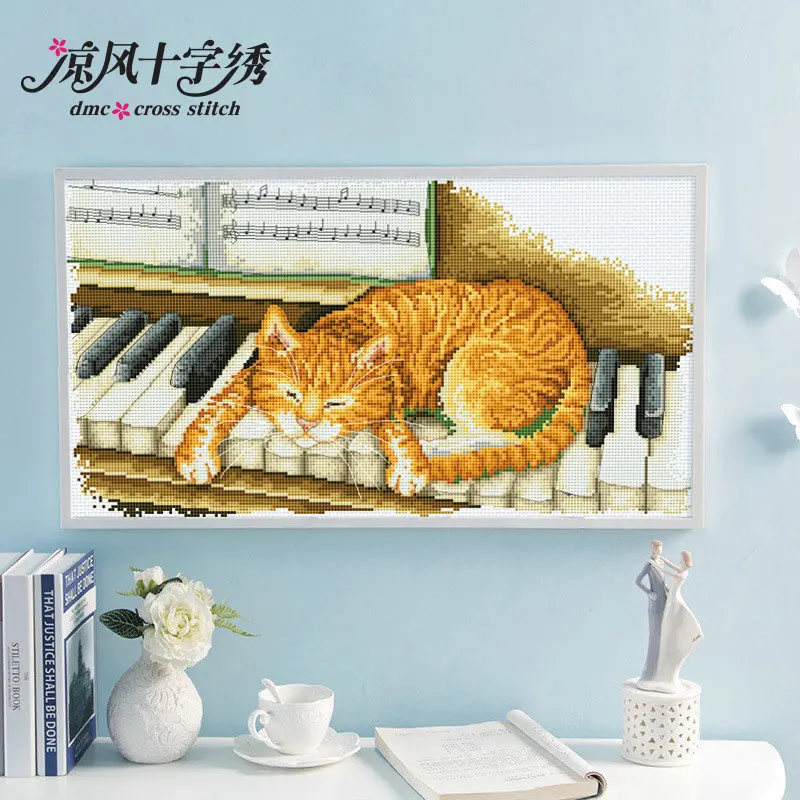 

A kitten on the piano cross stitch kit DMC brand thread animal dog count canvas fabric embroidery handmade needlework