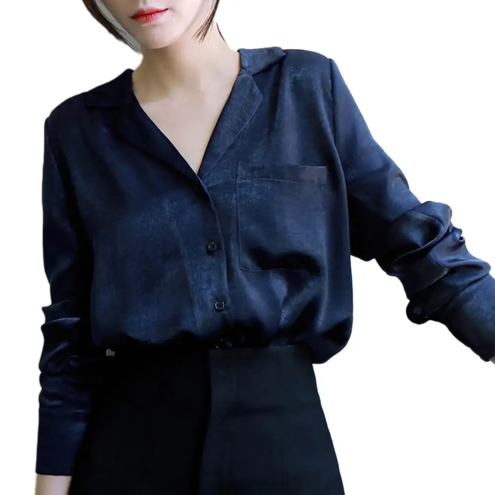 Повседневная однотонная женская рубашка с отложным воротником и длинным