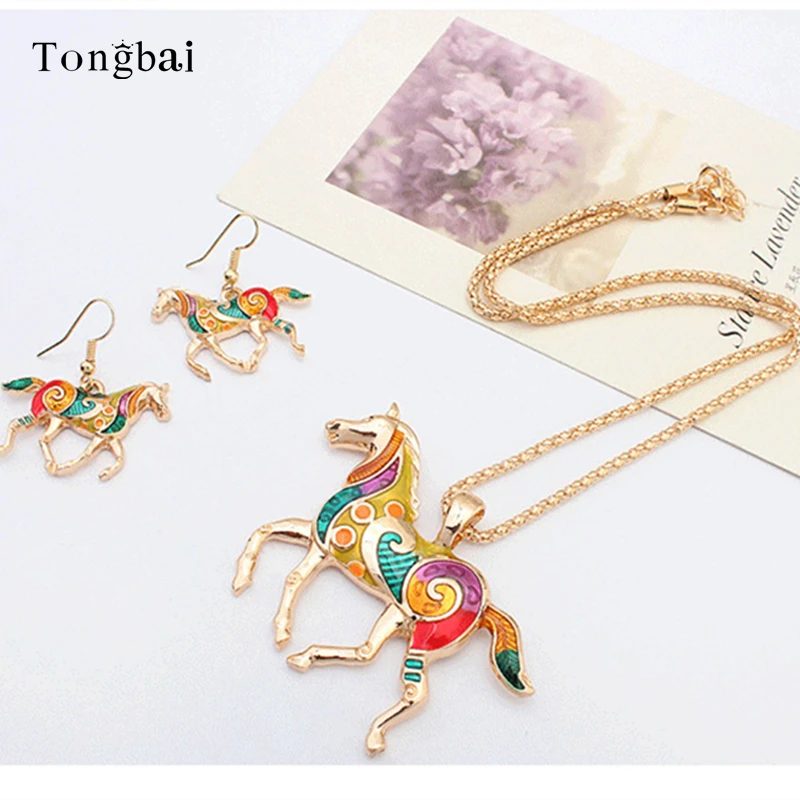 Tongbai Этнических Ювелирные Наборы Радуга Лошадь Ожерелье Серьги Золото Серебро