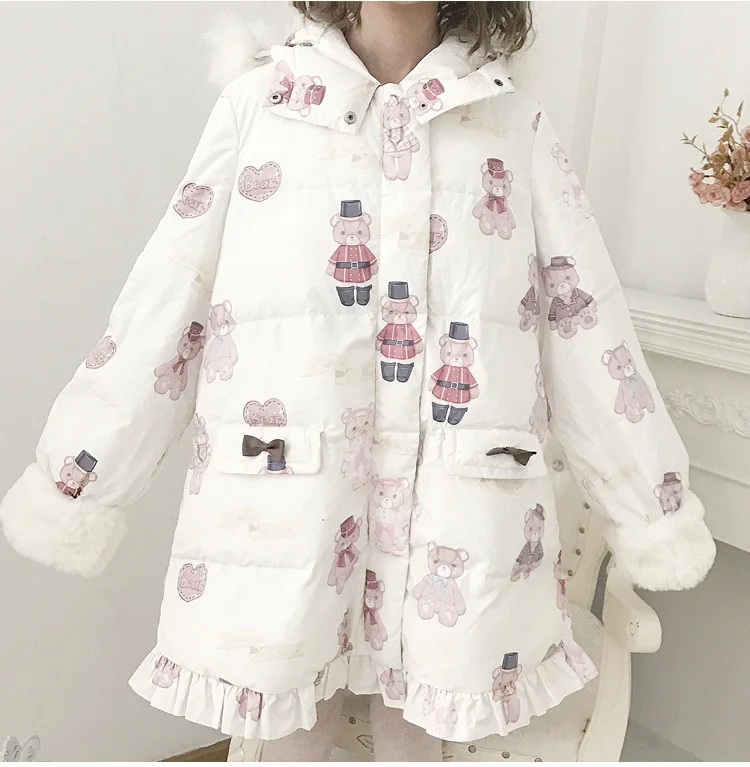 Игрушечный медведь с милым принтом для женщин зимнее длинное пальто капюшон