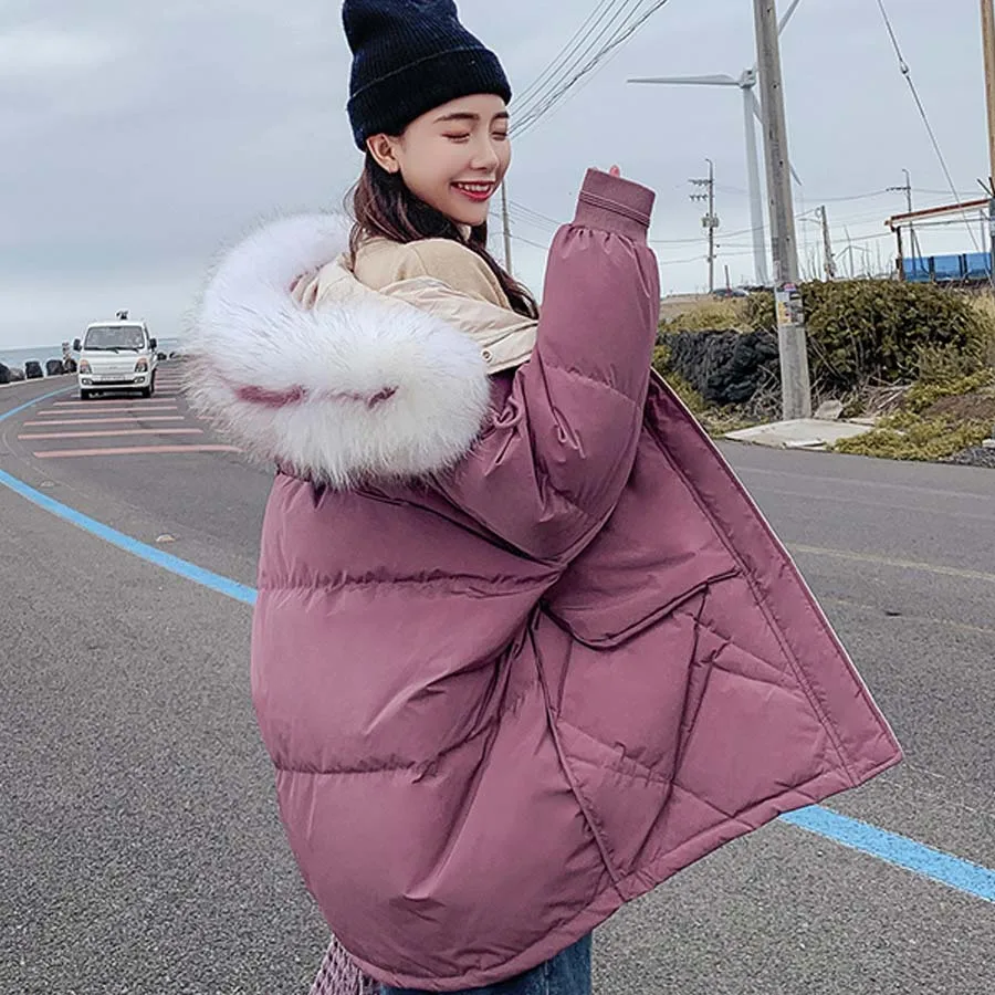Bean red Candy colors winter coat women fashion large fur collar hooded thick warm jacket women Medium long parka outwear plus size - Цвет: Bean red