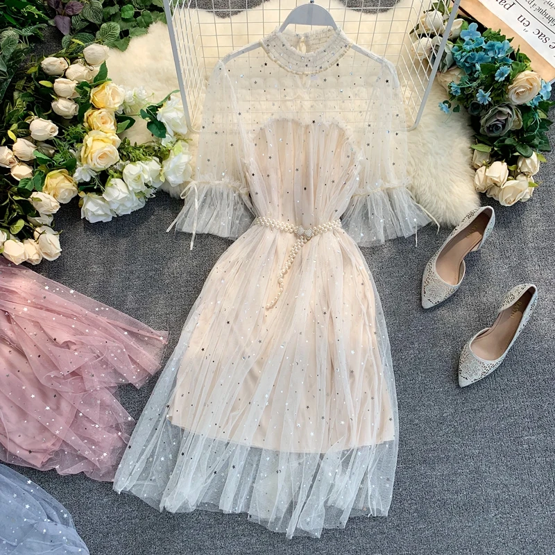 Модное летнее женское платье из тюля с коротким рукавом, женское шикарное блестящее Сетчатое платье, женское блестящее платье из тюля с блестками