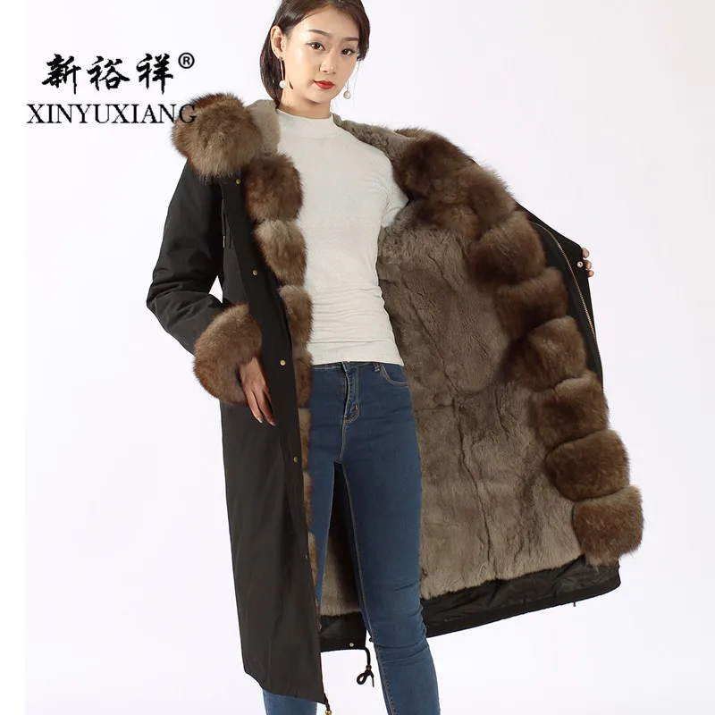 XINYUXIANG женские парки из натурального Лисьего меха длинная Черная куртка с