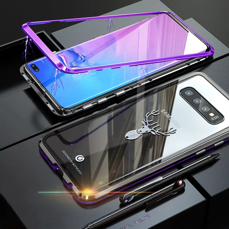 ADKO адсорбционный магнит чехол s для samsung S10 чехол магнитный металлический Прозрачный чехол из закаленного стекла для samsung Galaxy S10 Plus чехол - Цвет: Purple with Deer