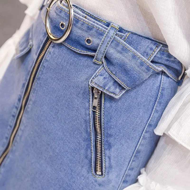 2019 летняя Высокая талия с поясом на молнии джинсовая юбка женская Однотонная