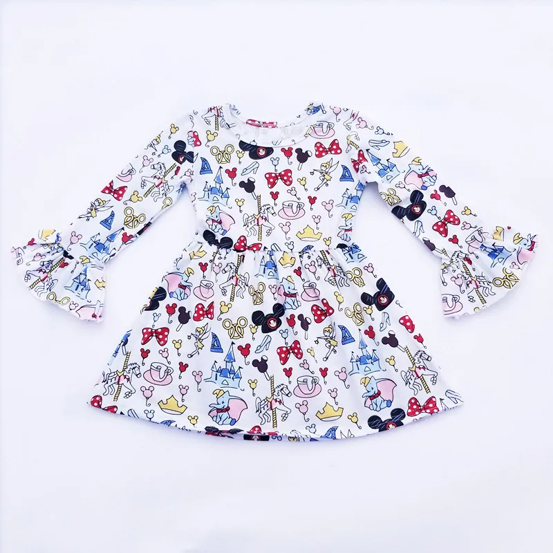 New Fall/Winter Grils 100% Cotton Clothes Mouse Angel Bow Elephant Print Baby girls Dress Long Sleeve Ruffle Boutique | Детская одежда