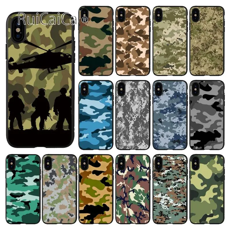 Ruicaica Камуфляжный военный силиконовый черный чехол для телефона iPhone 6S 6plus 7plus 8 8Plus X