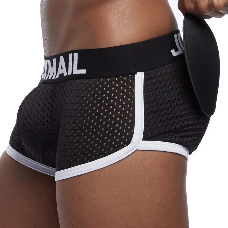 Черный JOCKMAIL, сексуальное мужское нижнее белье, боксеры, мужское нижнее белье с дышащей сеткой, съемные две накладки на ягодицы и одна Передняя накладка - Цвет: Черный