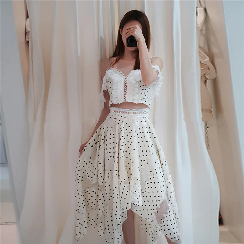 2019 Летняя женская стягивающая рубашка с оборками и асимметричная юбка в горошек