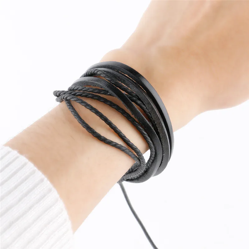 Плетеные Многослойные черные коричневые кожаные браслеты с регулируемой