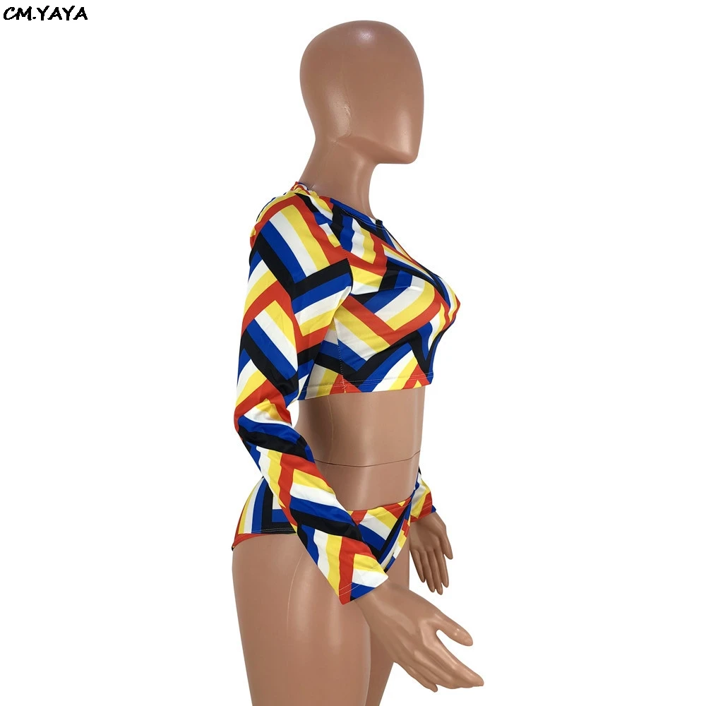2019 new women summer long sleeve wave stripes print short top panties suits two piece set bodysuit sexy outfit YT3096 | Женская одежда
