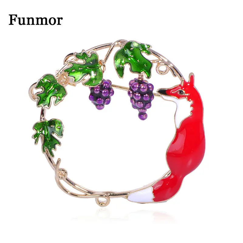 Funmor милая лиса животное брошки винограда медная эмалированная заколка для