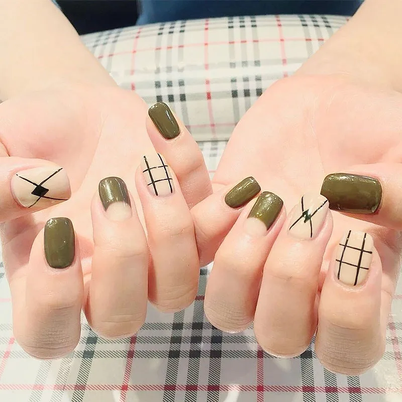 DIY короткий размер решетчатый дизайн ногтей с клеем для женщин сексуальный