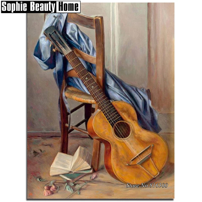 Алмазная 5D картина сделай сам вышивка крестом гитара на стуле и книге узор с