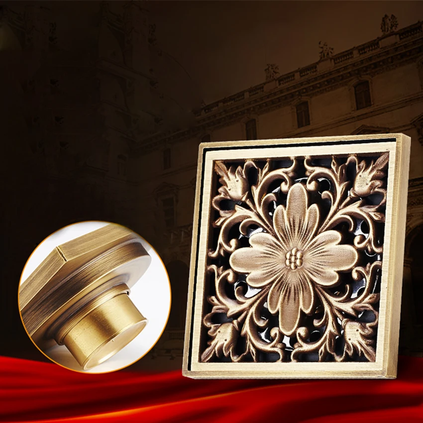 10cm Euro Style Antique Brass Flower Art Carved Floor Drains Square Drain Strainer for Bathroom kitchen balcony | Обустройство дома