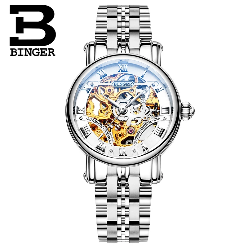 Роскошные швейцарские женские часы BINGER механические наручные с полым вырезом