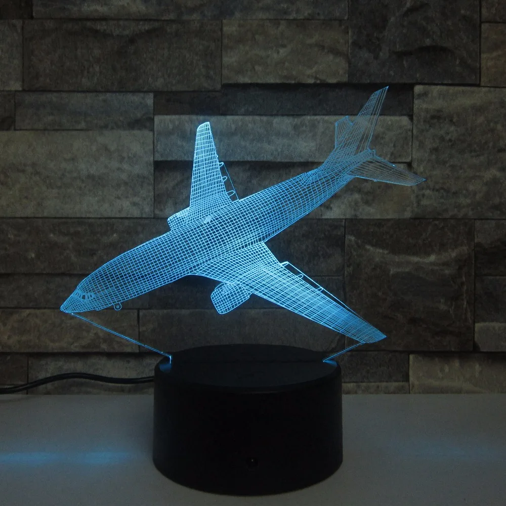 Ночсветильник 3D в виде самолета с дистанционным выключателем USB 7 цветов